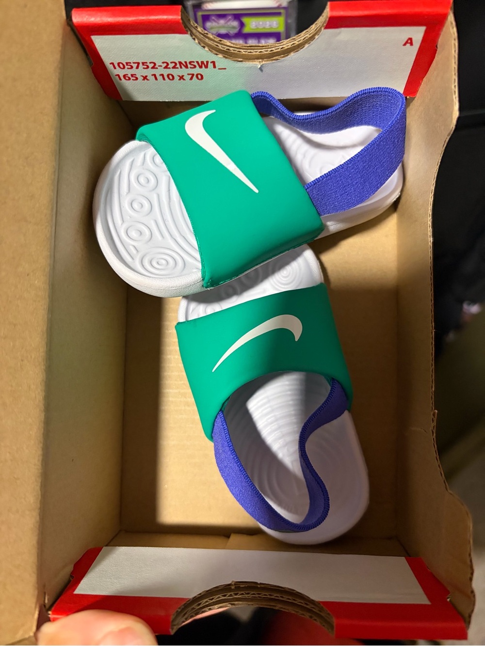 Nike Kids Green Slide Sandals with Blue Heel Strap and White Swoosh